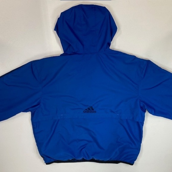 Adidas XL Blue Windbreaker Hooded 1/2 Zip Pullover 3 Stripe Jacket - Picture 9 of 10